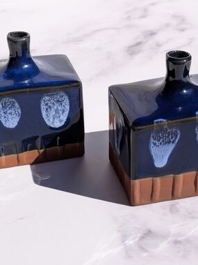 Vintage Takahashi Japan Cobalt Blue MCM Bud Vase Pair